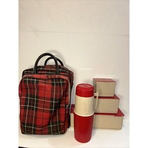 RARE Vintage Plastic THERMOS Box Case Holder And Storage Picnic Coffee Set Red